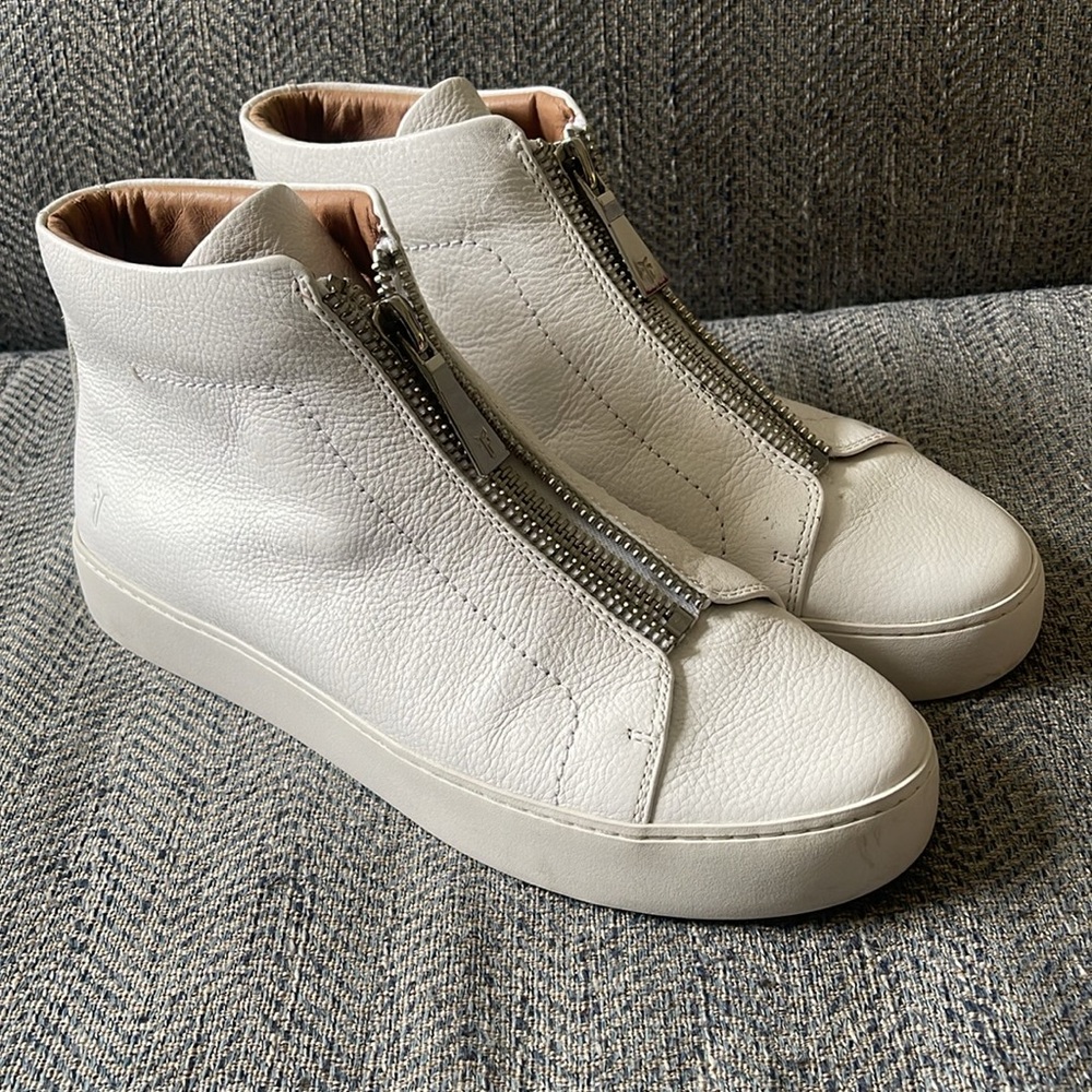 Frye Women's Lena Topstitched Platform White Leather Zip Up High Top Sneaker 10M - Picture 2 of 16